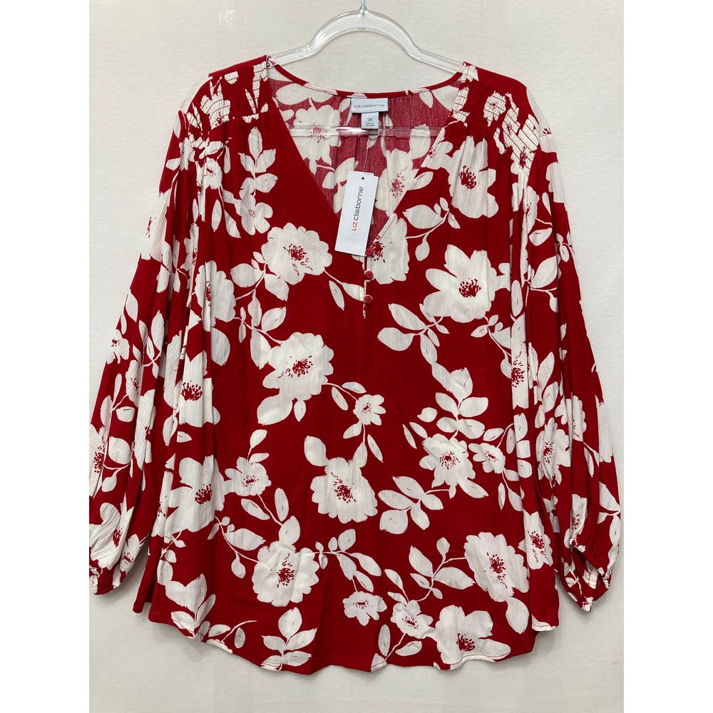 Liz Claiborne Red and White Floral V-Neck Blouse - Picture 1 of 8